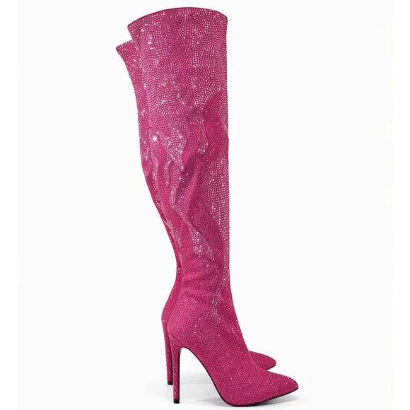 NIB Like It Hot Fuchsia Rhinestone Flame Detail Sexy OTK High Heel Thigh Boots - Picture 6 of 12